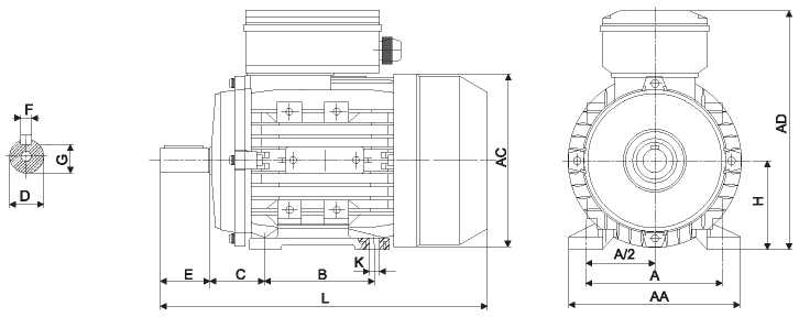 Чертеж: габаритные и присоединительные размеры электродвигателя АИС2Е63А2 с лапами