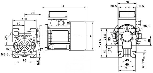 Чертеж: одноступенчатого червячного мотор-редуктора NMRV 040-80-17.5-0.09