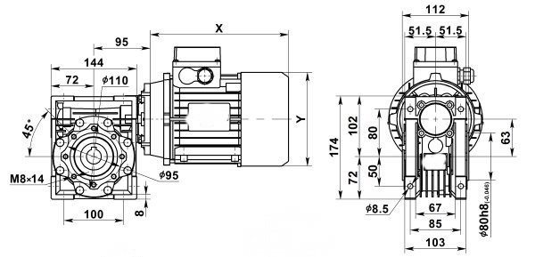 Чертеж: одноступенчатого червячного мотор-редуктора NMRV 063-7.5-373.3-2.2