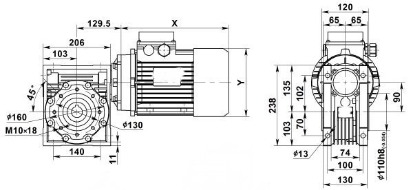Чертеж: одноступенчатого червячного мотор-редуктора NMRV 090-80-11.3-0.55