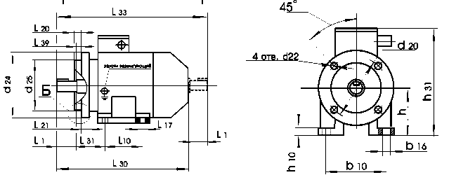 Чертеж: габаритные и присоединительные размеры электродвигателя АИР71B4 с фланцем